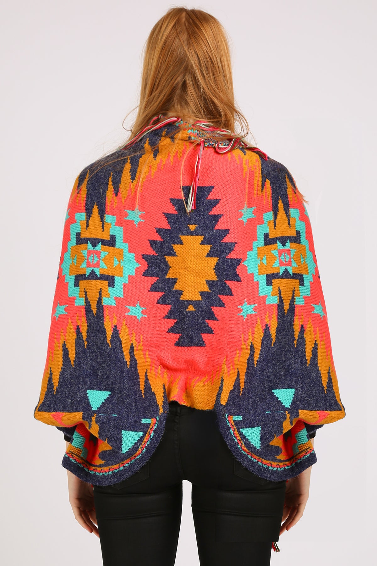 Bella Abstract Geometric Print Fringed Open Shawl Cape - Shop Beulah Style