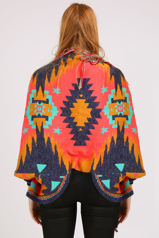 Bella Abstract Geometric Print Fringed Open Shawl Cape - Shop Beulah Style