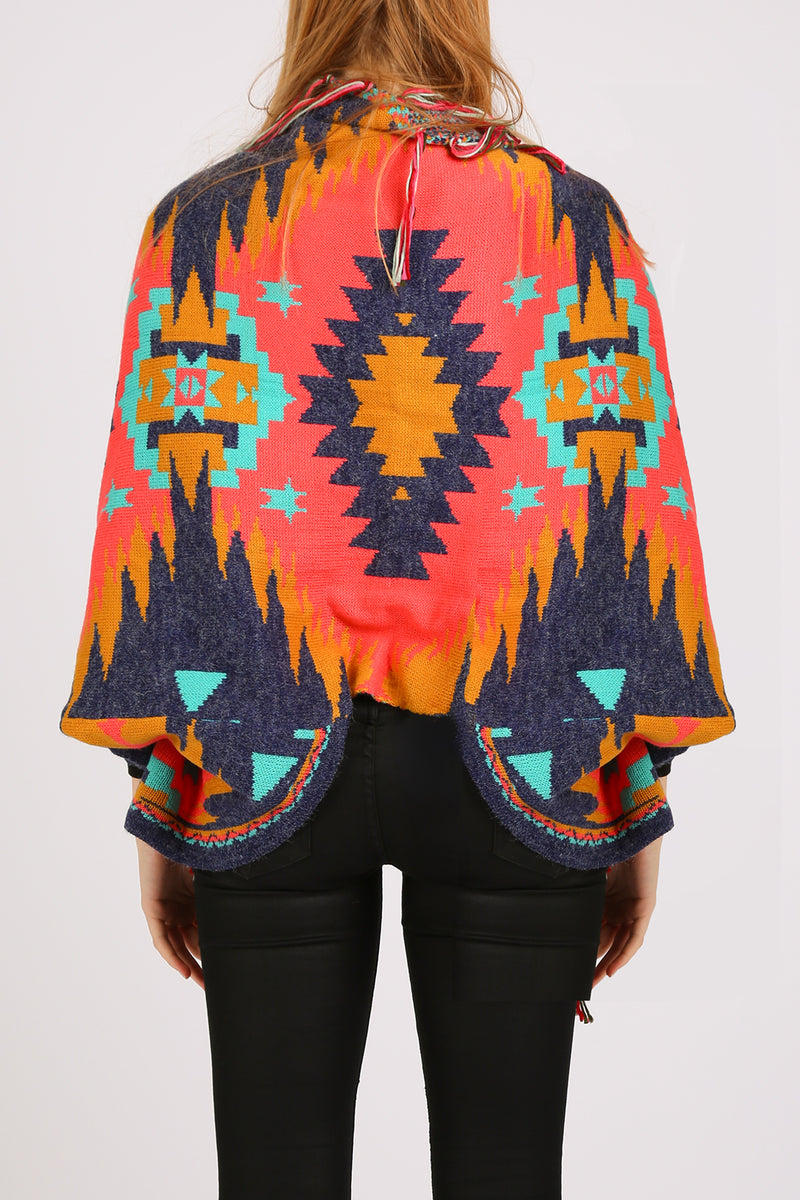 Bella Abstract Geometric Print Fringed Open Shawl Cape