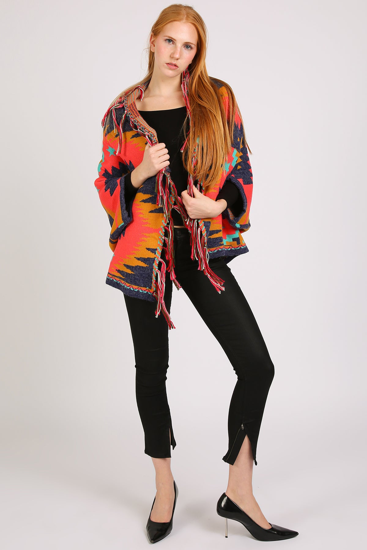 Bella Abstract Geometric Print Fringed Open Shawl Cape - Shop Beulah Style