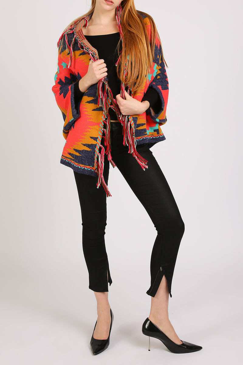 Bella Abstract Geometric Print Fringed Open Shawl Cape