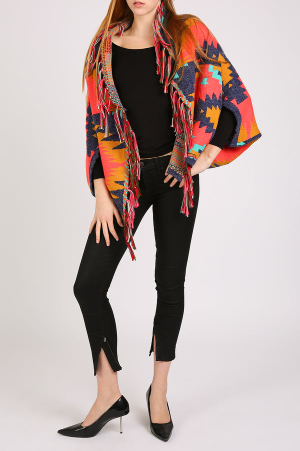 Bella Abstract Geometric Print Fringed Open Shawl Cape