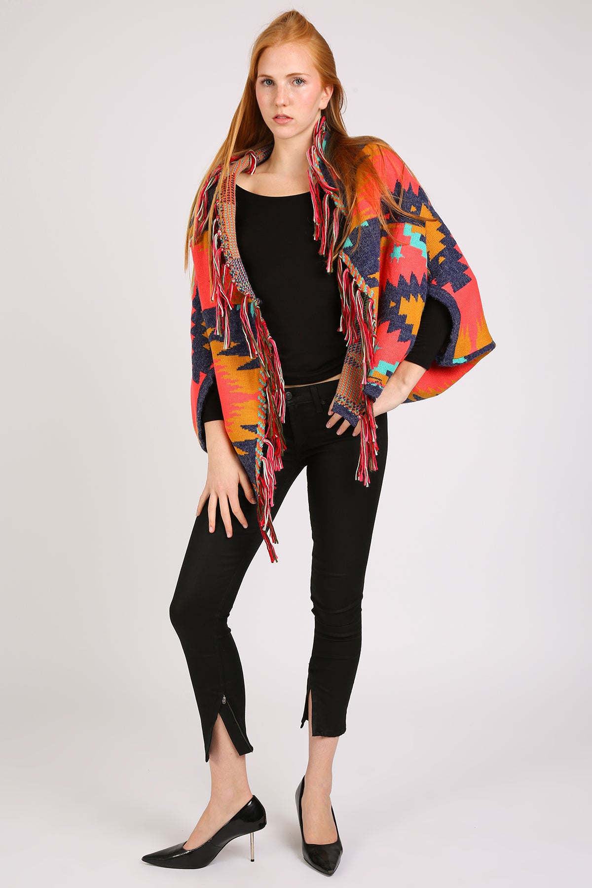Bella Abstract Geometric Print Fringed Open Shawl Cape - Shop Beulah Style