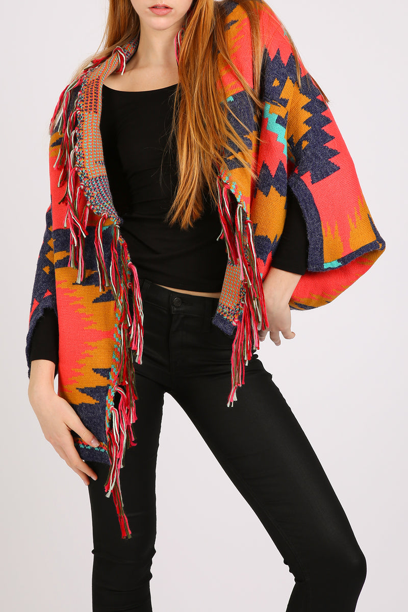 Bella Abstract Geometric Print Fringed Open Shawl Cape