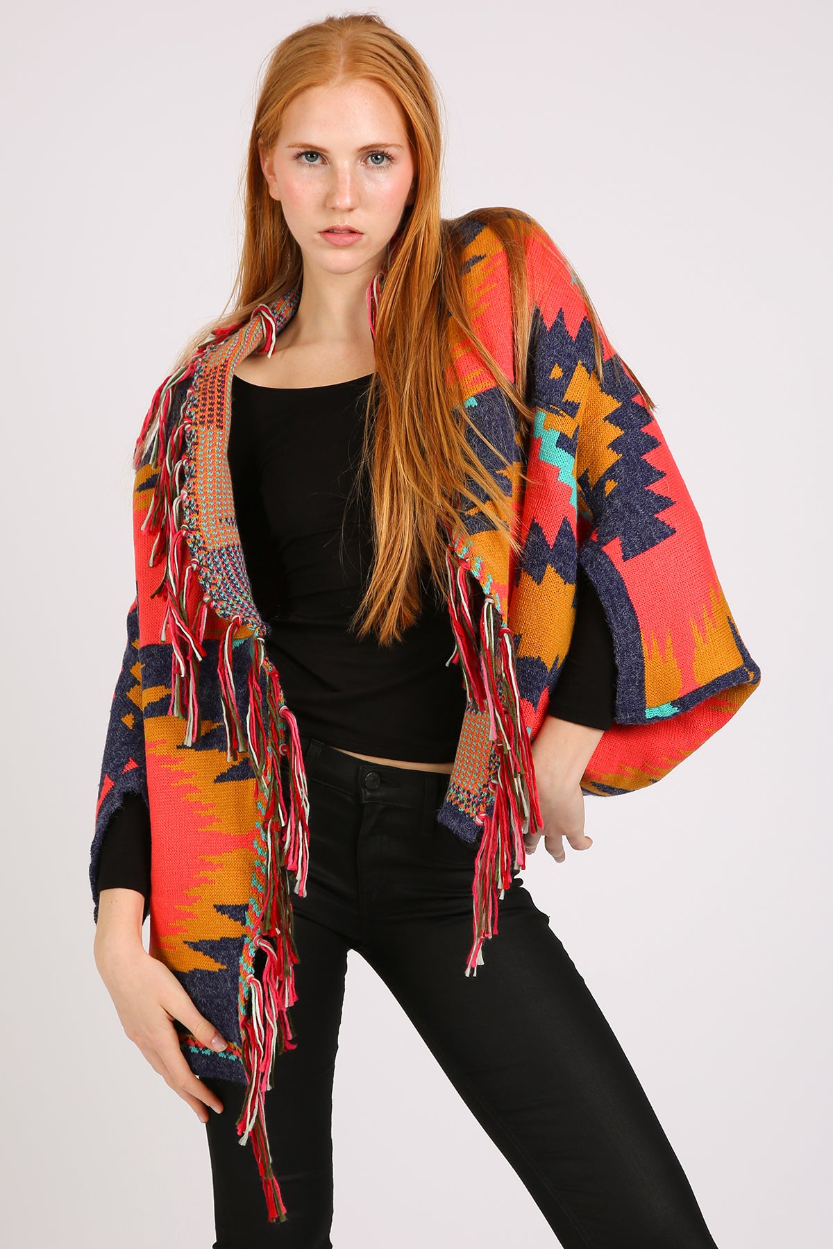 Bella Abstract Geometric Print Fringed Open Shawl Cape - Shop Beulah Style