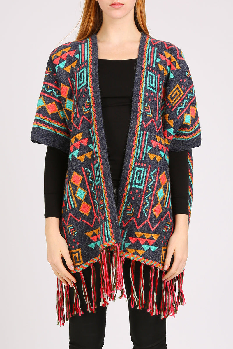 Bella Multi Geometric Print Fringed Open Poncho Cape