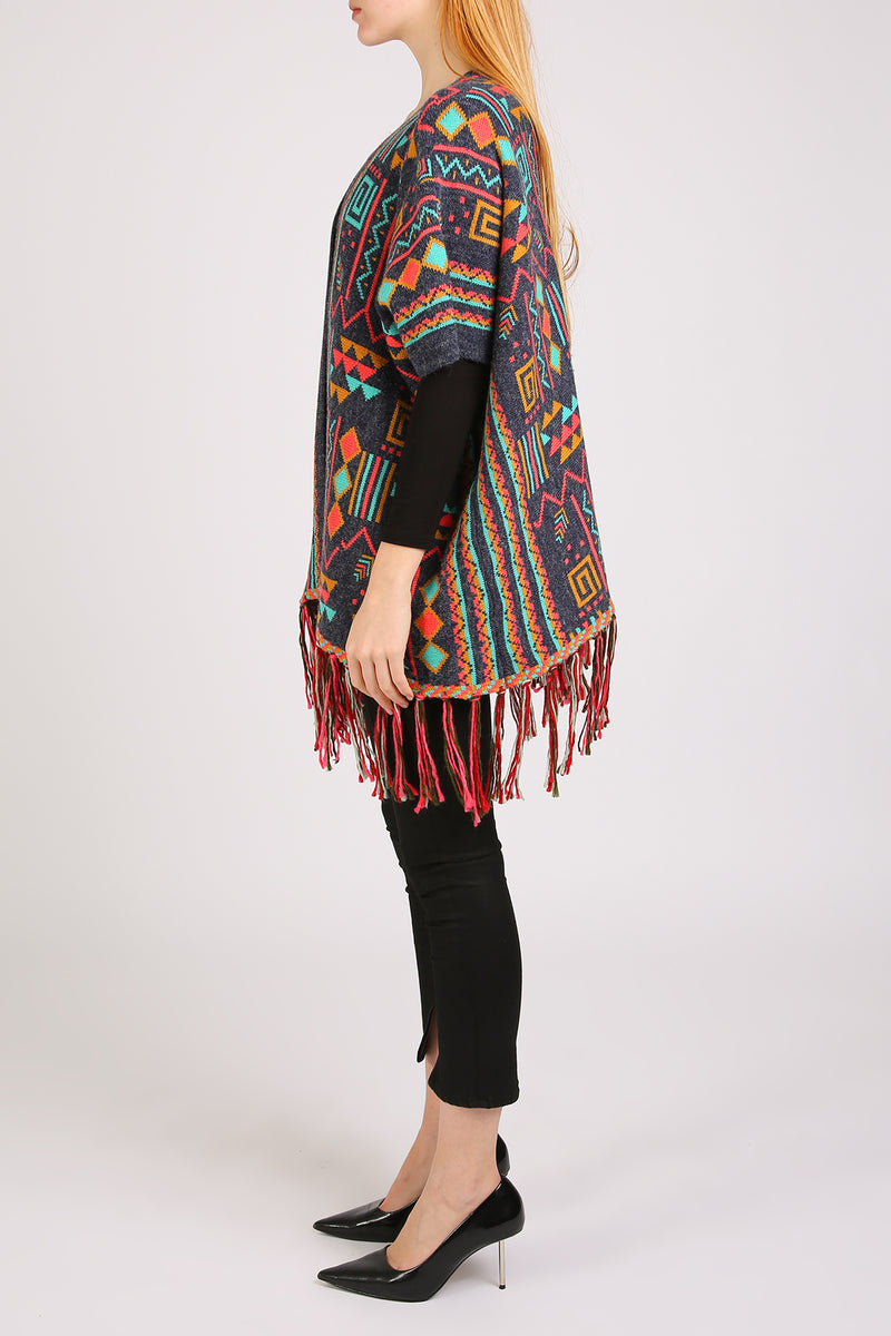 Bella Multi Geometric Print Fringed Open Poncho Cape