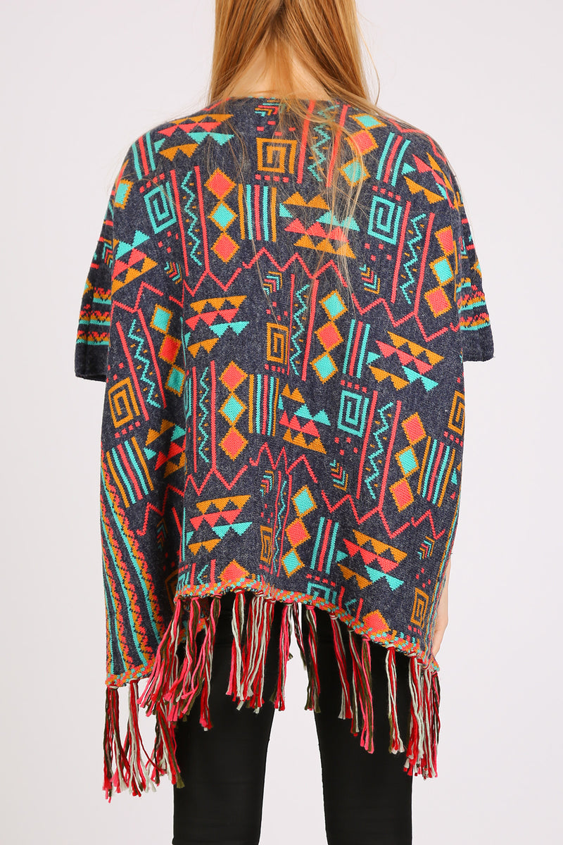 Bella Multi Geometric Print Fringed Open Poncho Cape