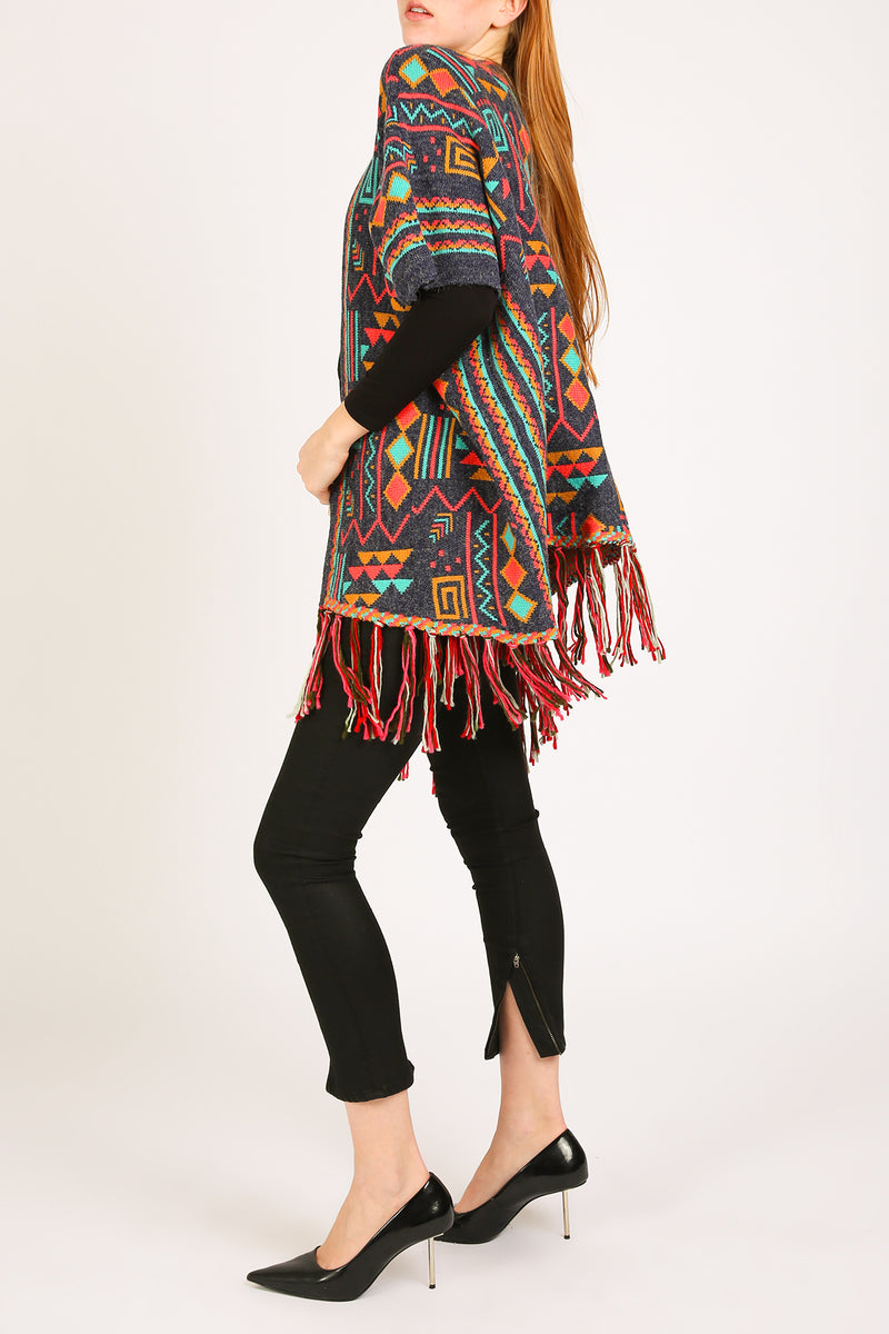 Bella Multi Geometric Print Fringed Open Poncho Cape