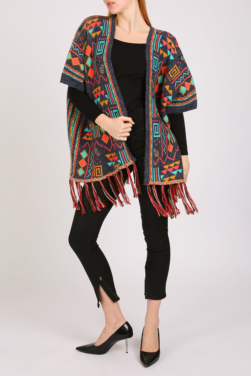 Bella Multi Geometric Print Fringed Open Poncho Cape