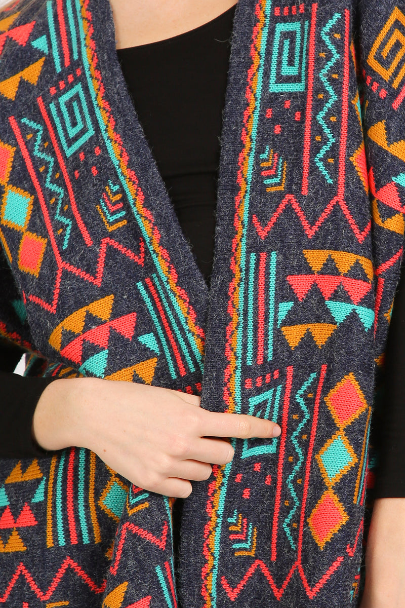 Bella Multi Geometric Print Fringed Open Poncho Cape