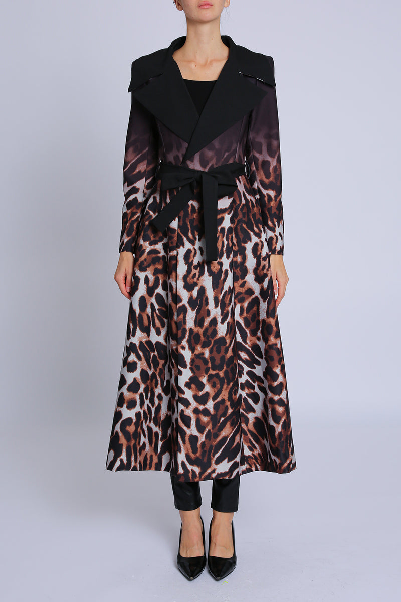 Nicole Leopard Print Gradation Belted Long Coat