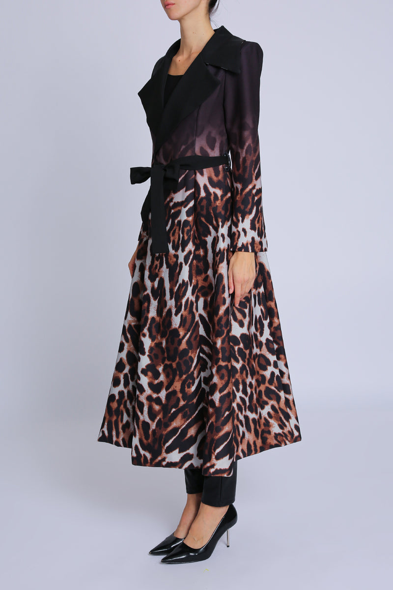 Nicole Leopard Print Gradation Belted Long Coat