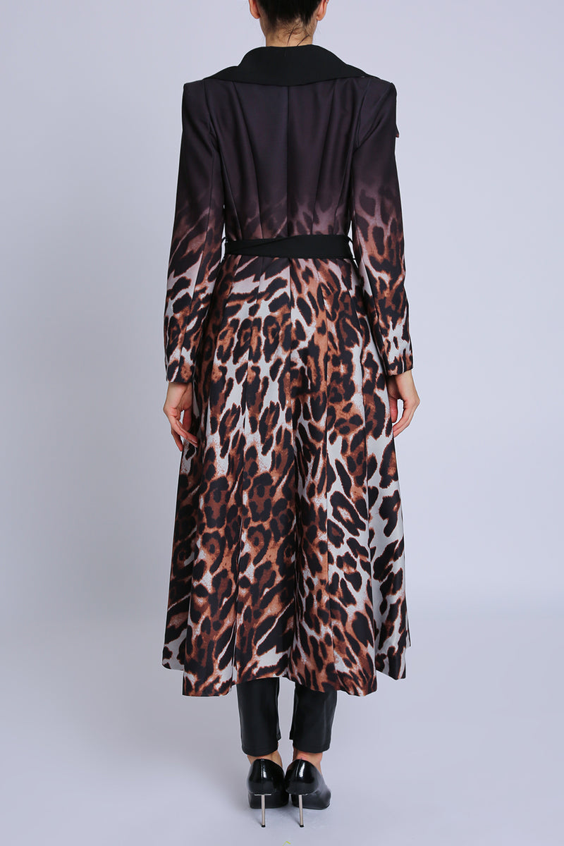 Nicole Leopard Print Gradation Belted Long Coat