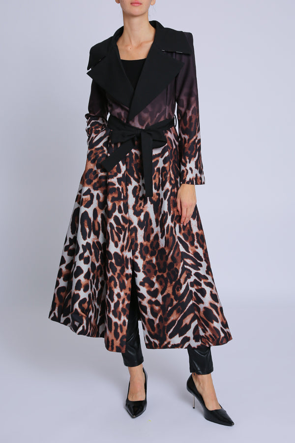 Nicole Leopard Print Gradation Belted Long Coat