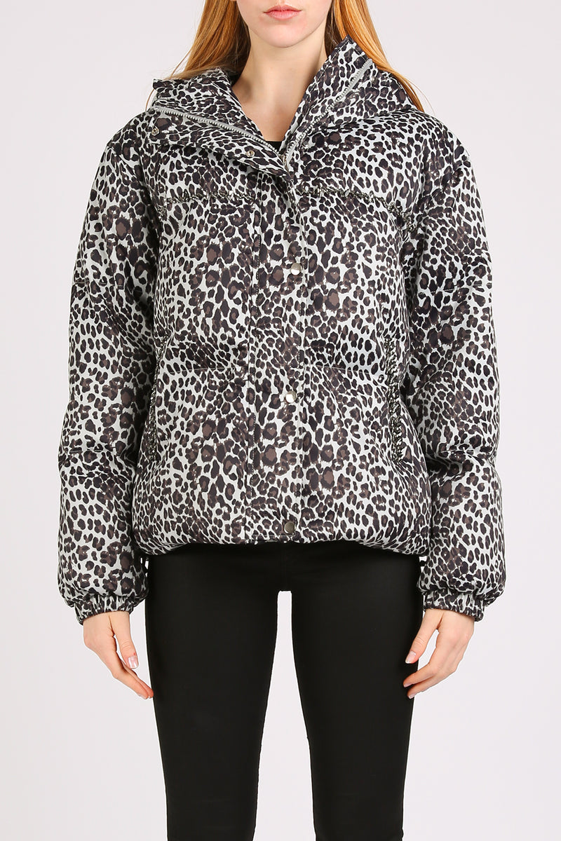 Gwendy Embellished Trim Leopard Printed Puffy Winter Jacket