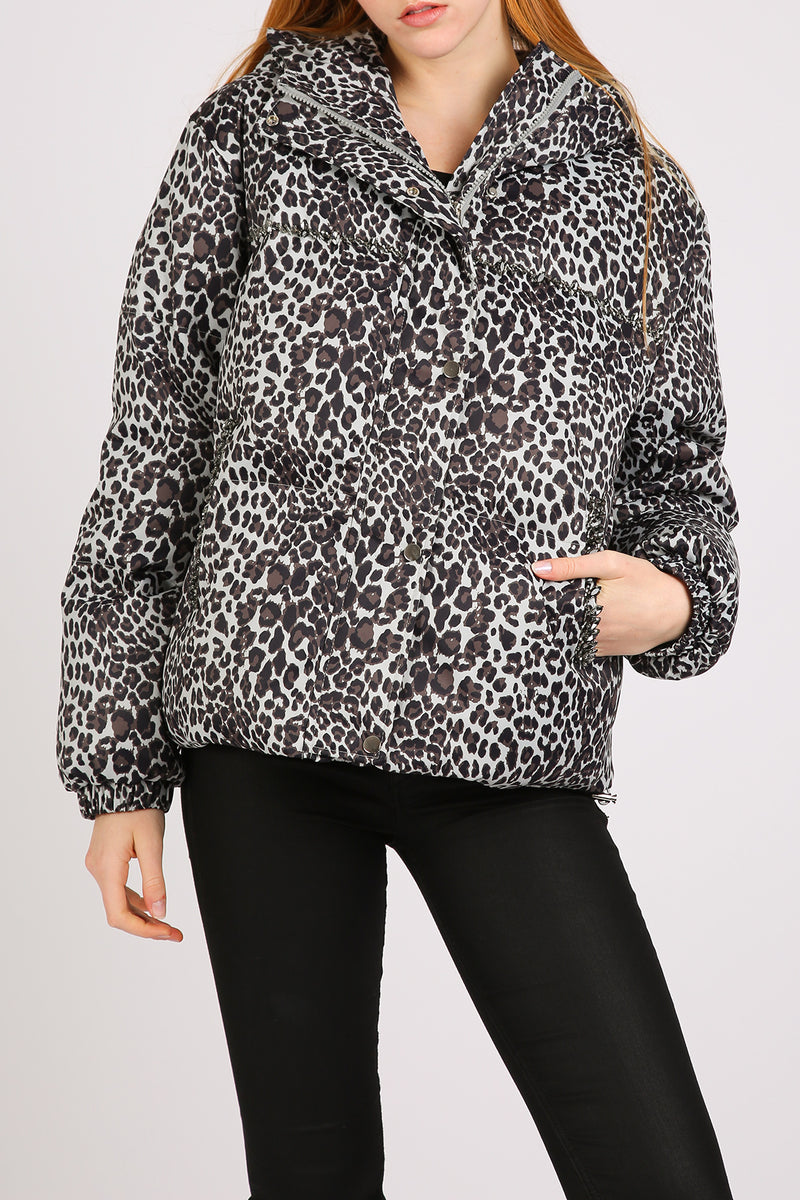 Gwendy Embellished Trim Leopard Printed Puffy Winter Jacket