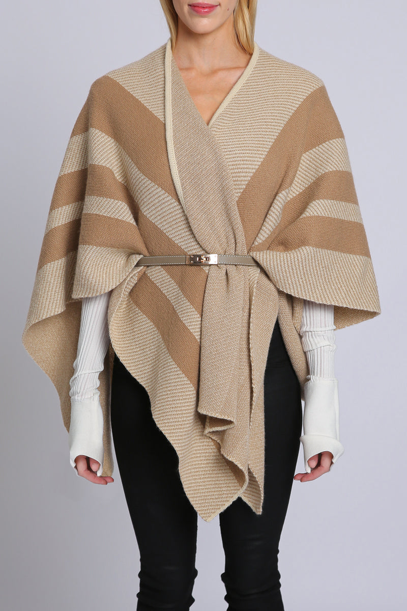 Agatha Striped Pattern Belted Open High Gauge Knit Cape - Shop Beulah Style