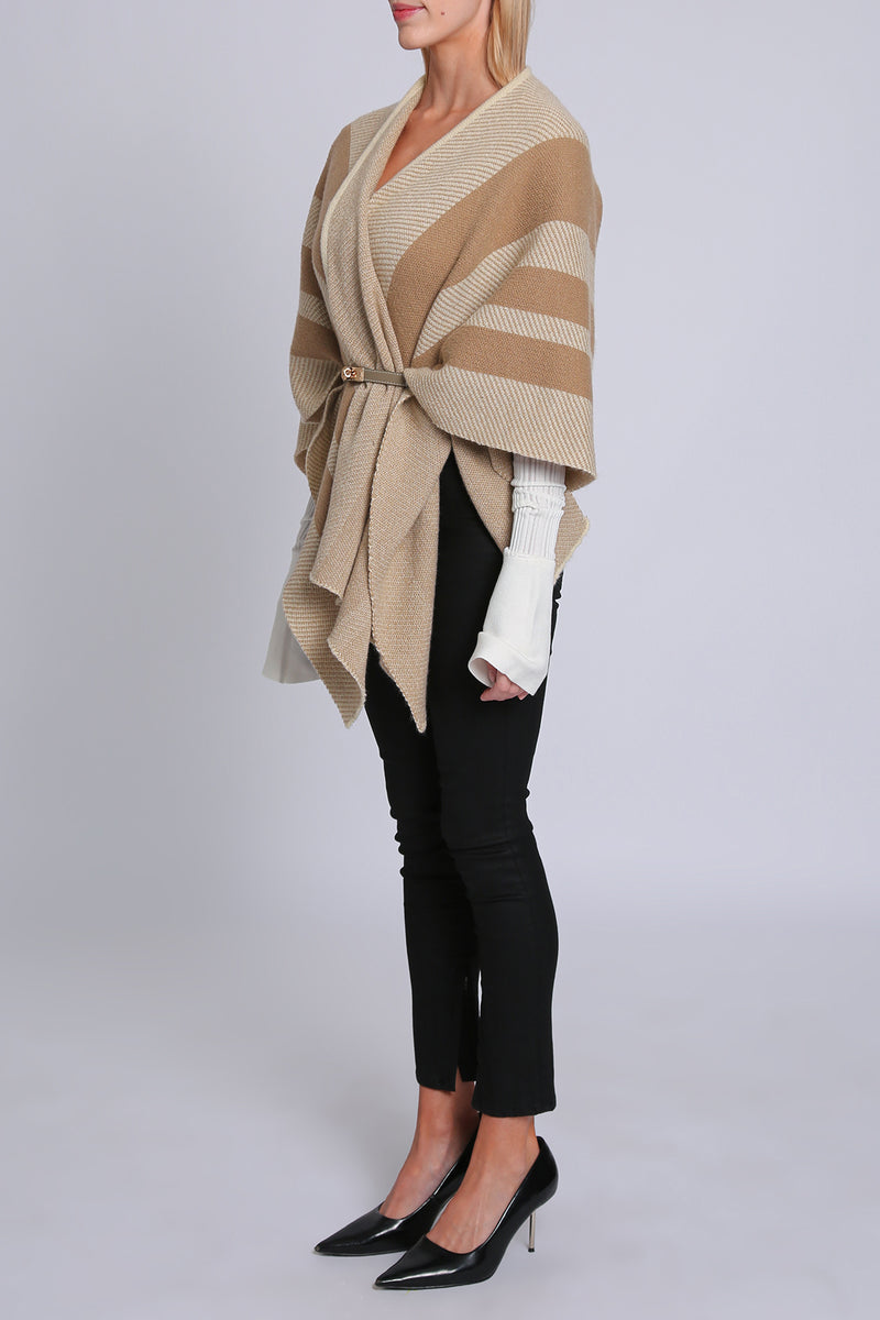 Agatha Striped Pattern Belted Open High Gauge Knit Cape - Shop Beulah Style