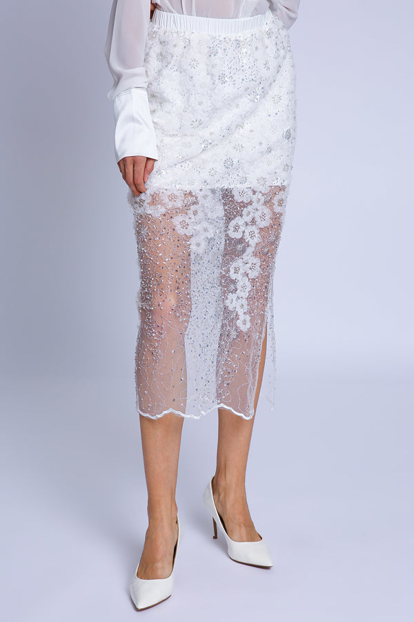 Francis Floral Embroidered & Embellished Sheer Midi Skirt