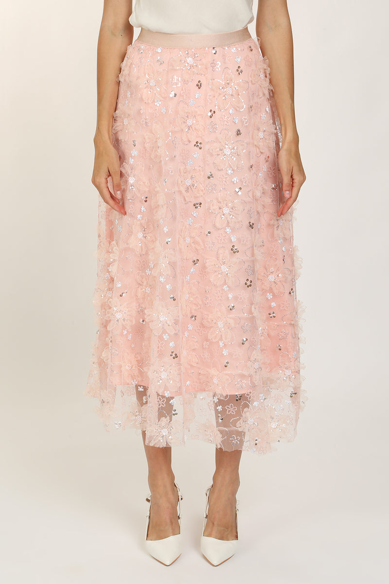 Sequined Ruffle Floral Applique Sheer Midi Skirt - Shop Beulah Style