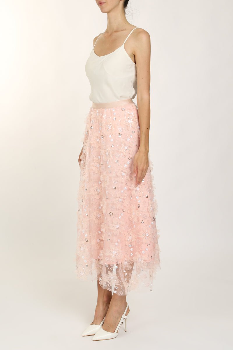 Sequined Ruffle Floral Applique Sheer Midi Skirt - Shop Beulah Style