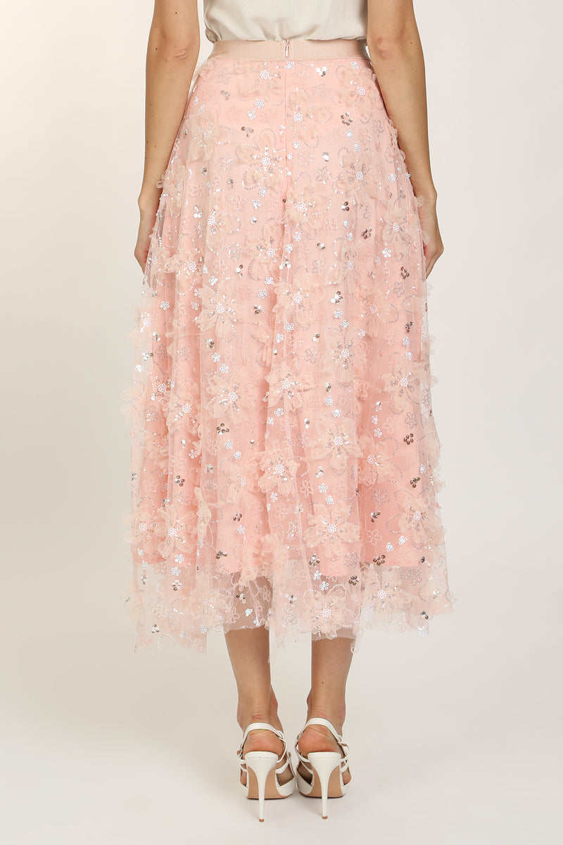 Sequined Ruffle Floral Applique Sheer Midi Skirt - Shop Beulah Style