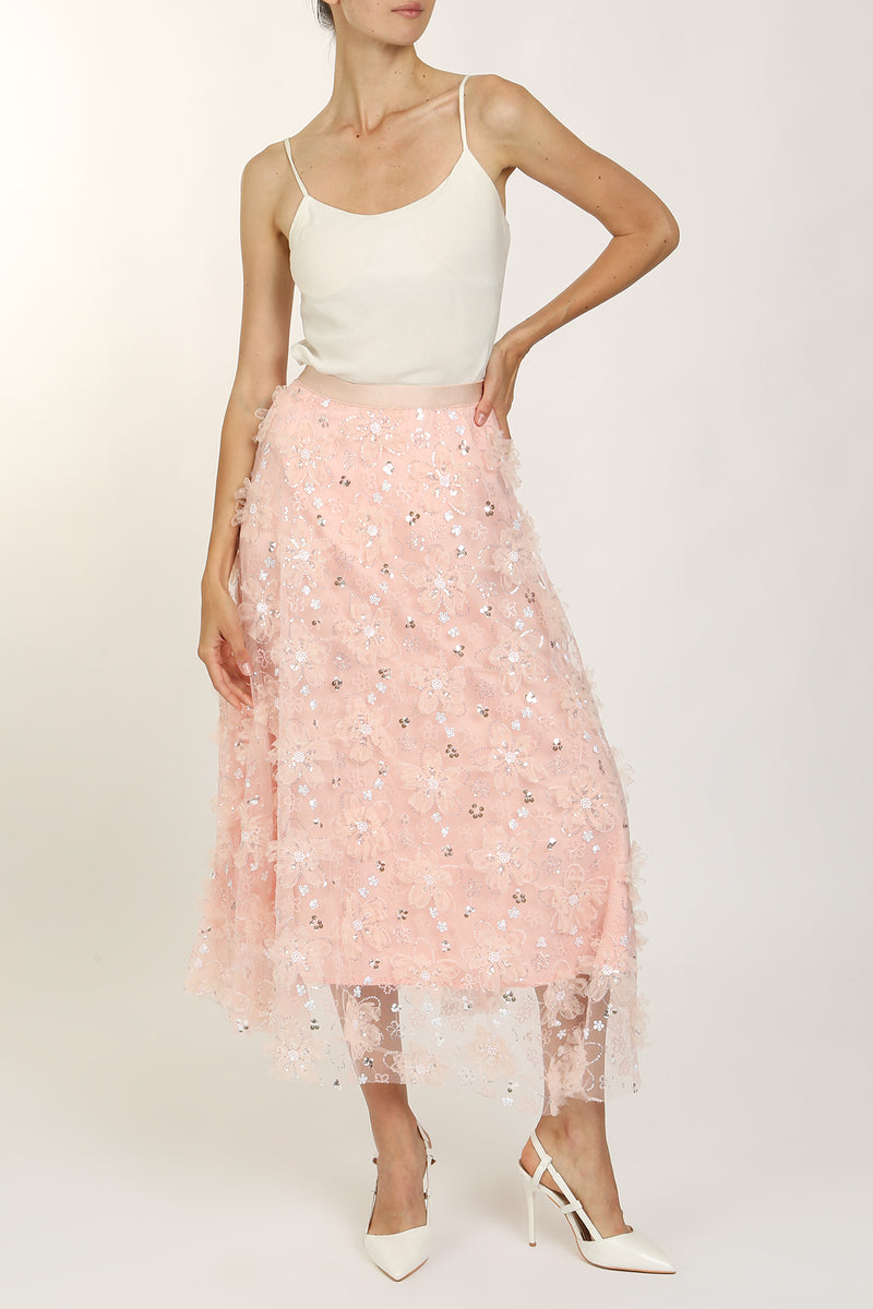 Sequined Ruffle Floral Applique Sheer Midi Skirt - Shop Beulah Style