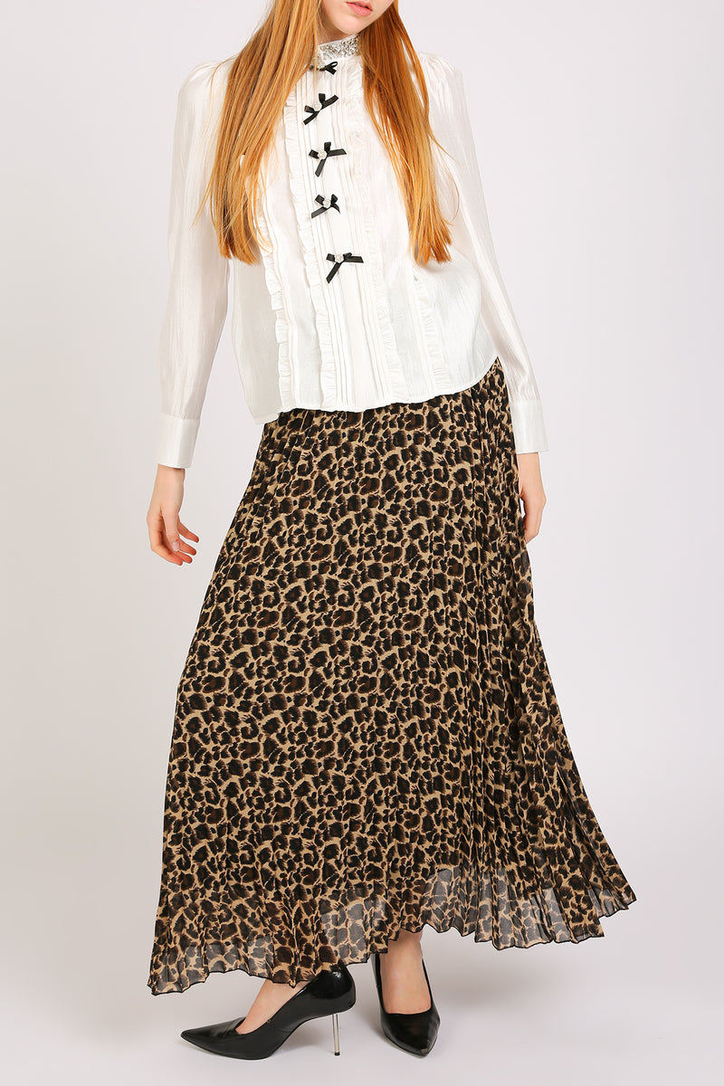 Dominic Embellished Leopard Print Pleats A-Line Maxi Skirt