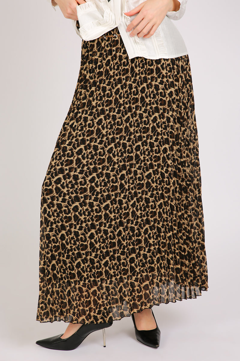 Dominic Embellished Leopard Print Pleats A-Line Maxi Skirt