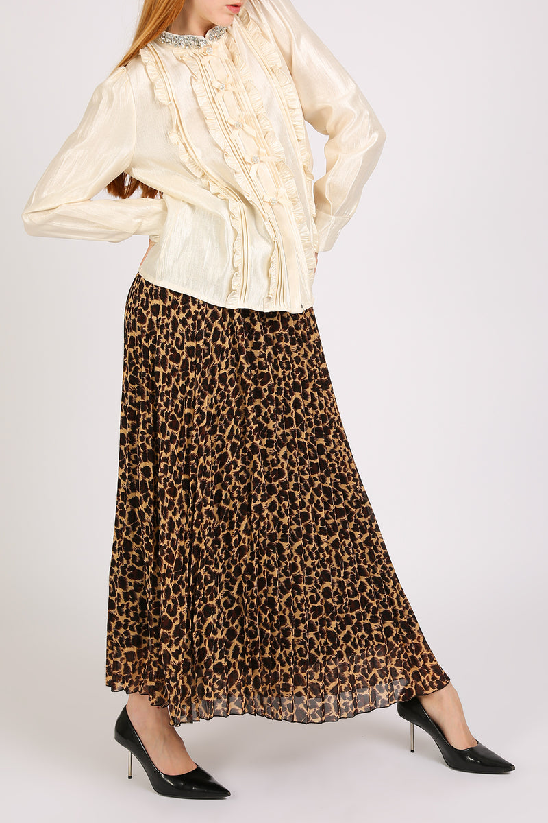 Dominic Embellished Leopard Print Pleats A-Line Maxi Skirt