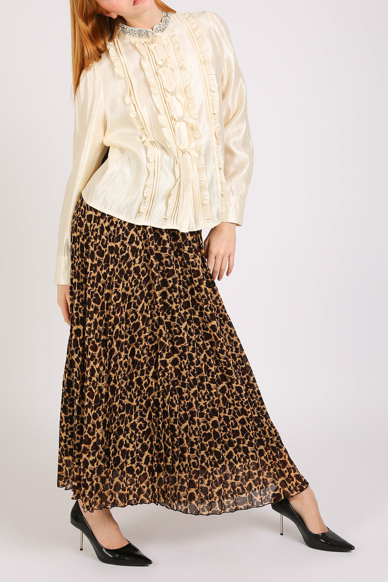 Dominic Embellished Leopard Print Pleats A-Line Maxi Skirt