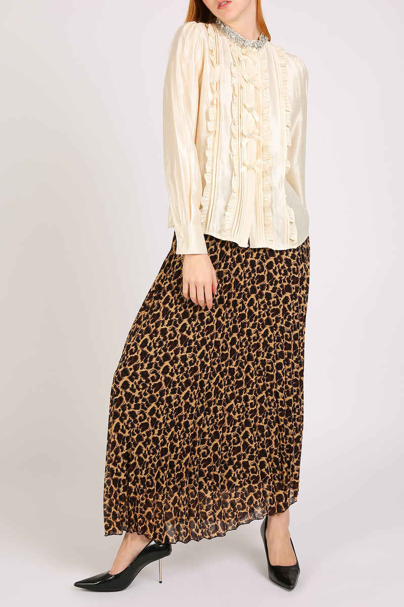 Dominic Embellished Leopard Print Pleats A-Line Maxi Skirt