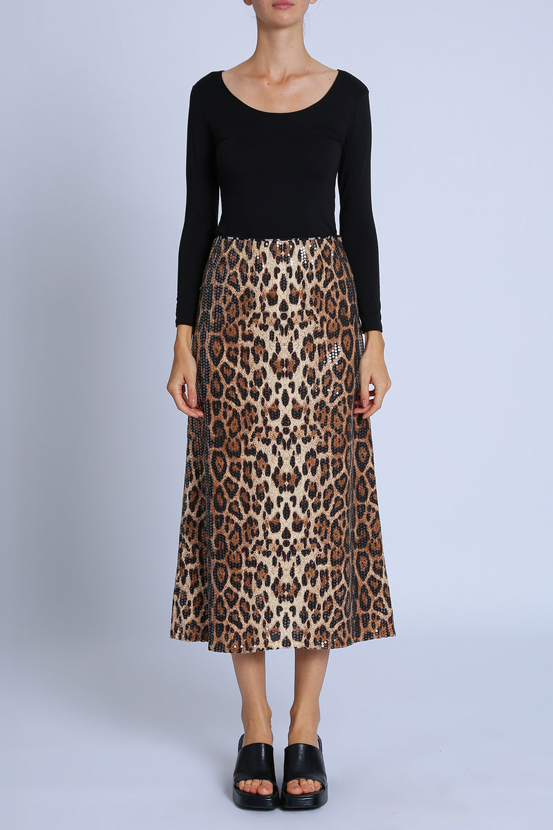 Amaya Sequined Leopard Print A-Line Midi Skirt