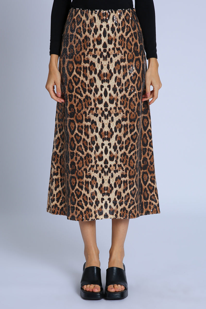 Amaya Sequined Leopard Print A-Line Midi Skirt