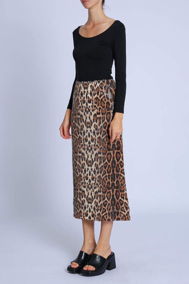 Amaya Sequined Leopard Print A-Line Midi Skirt