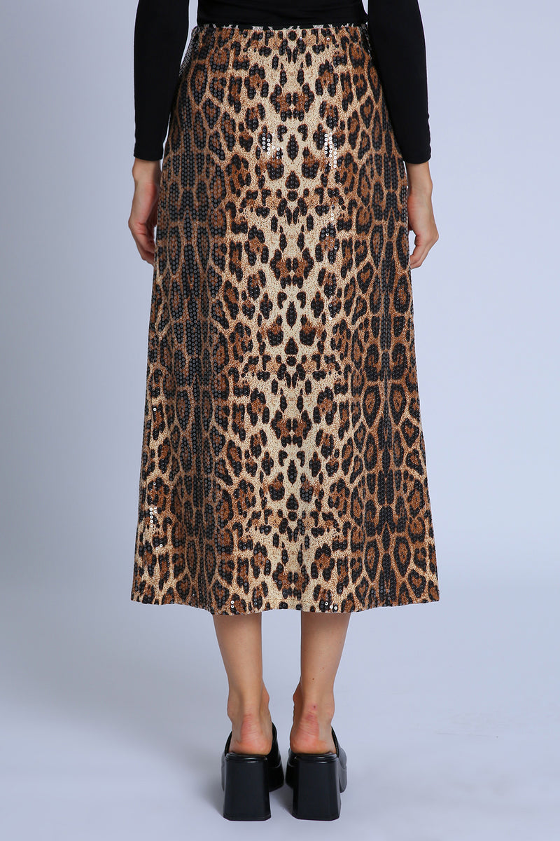 Amaya Sequined Leopard Print A-Line Midi Skirt