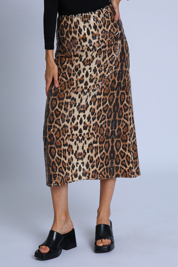 Amaya Sequined Leopard Print A-Line Midi Skirt