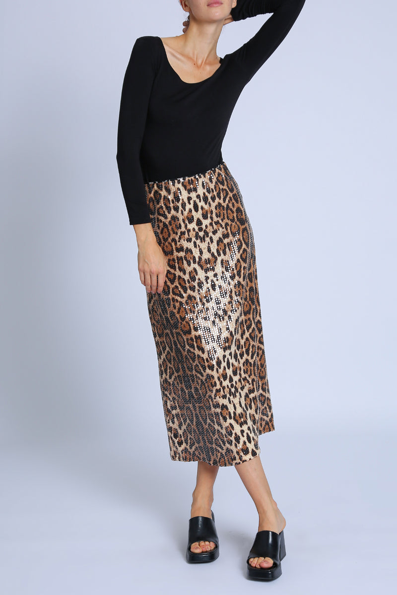 Amaya Sequined Leopard Print A-Line Midi Skirt