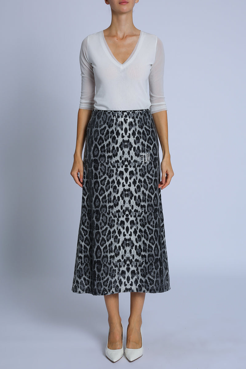 Amaya Sequined Leopard Print A-Line Midi Skirt