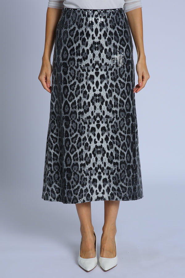 Amaya Sequined Leopard Print A-Line Midi Skirt