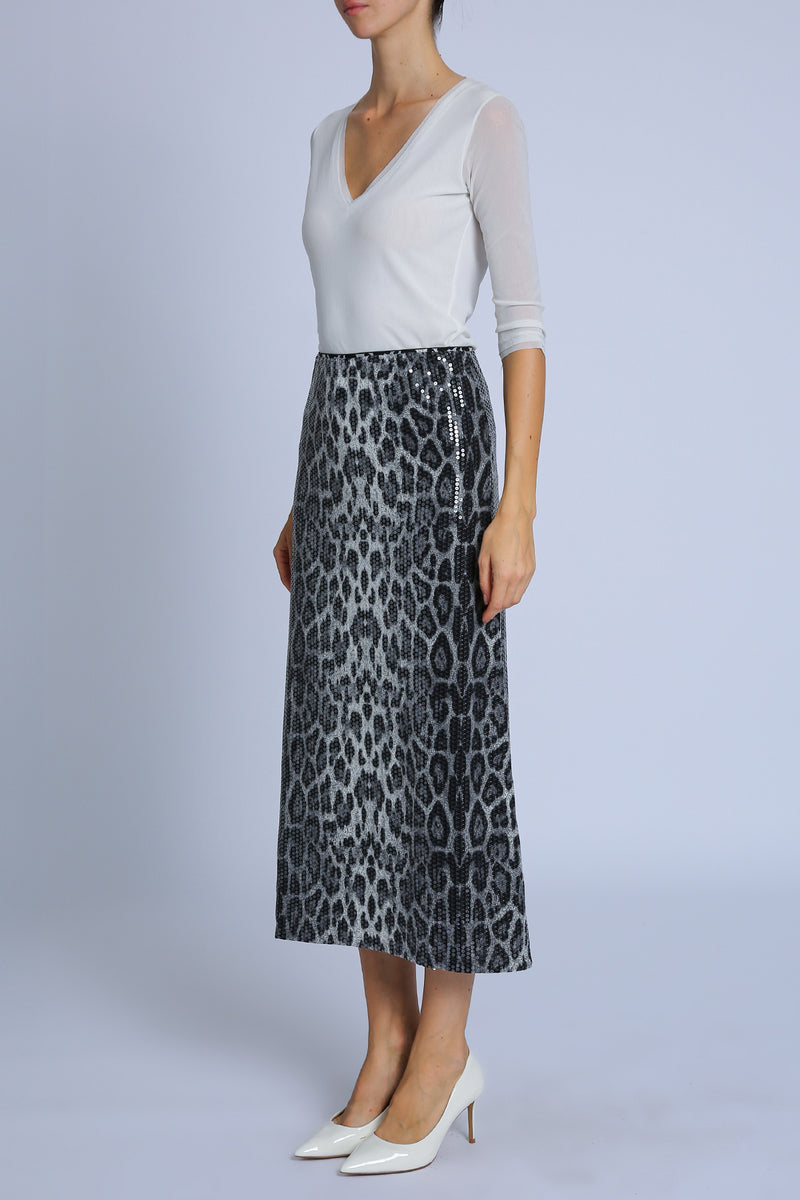 Amaya Sequined Leopard Print A-Line Midi Skirt