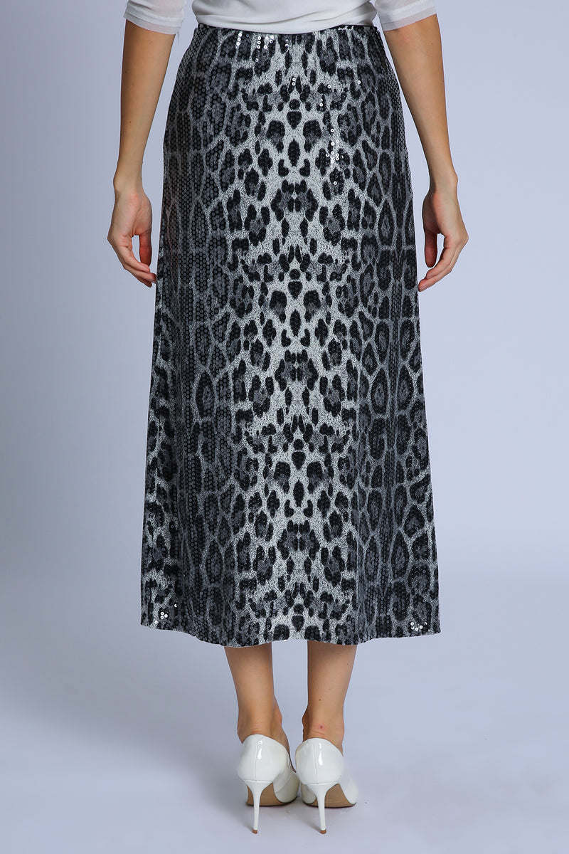 Amaya Sequined Leopard Print A-Line Midi Skirt