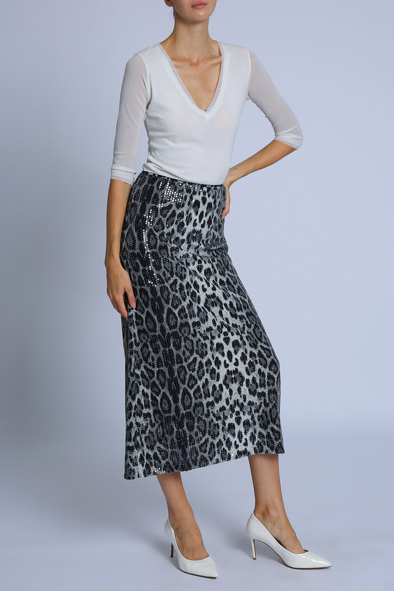 Amaya Sequined Leopard Print A-Line Midi Skirt