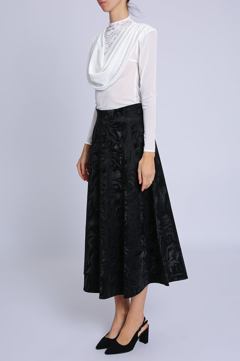 Andra Abstract Pattern Faux Leather A-Line Midi Skirt