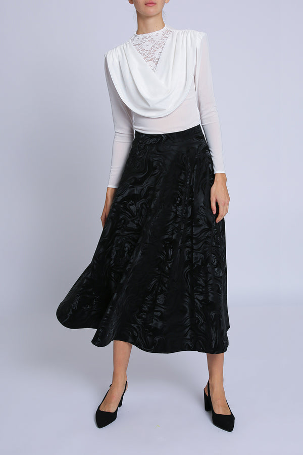 Andra Abstract Pattern Faux Leather A-Line Midi Skirt