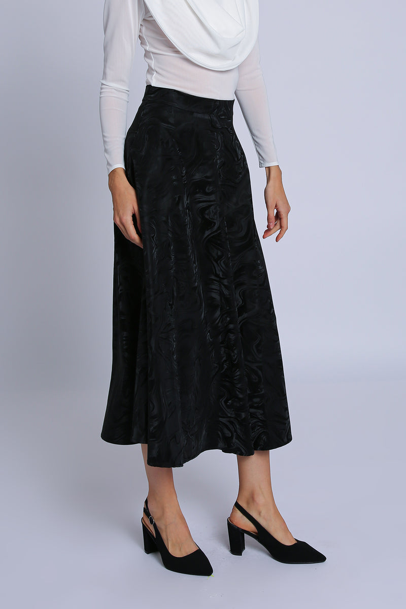 Andra Abstract Pattern Faux Leather A-Line Midi Skirt