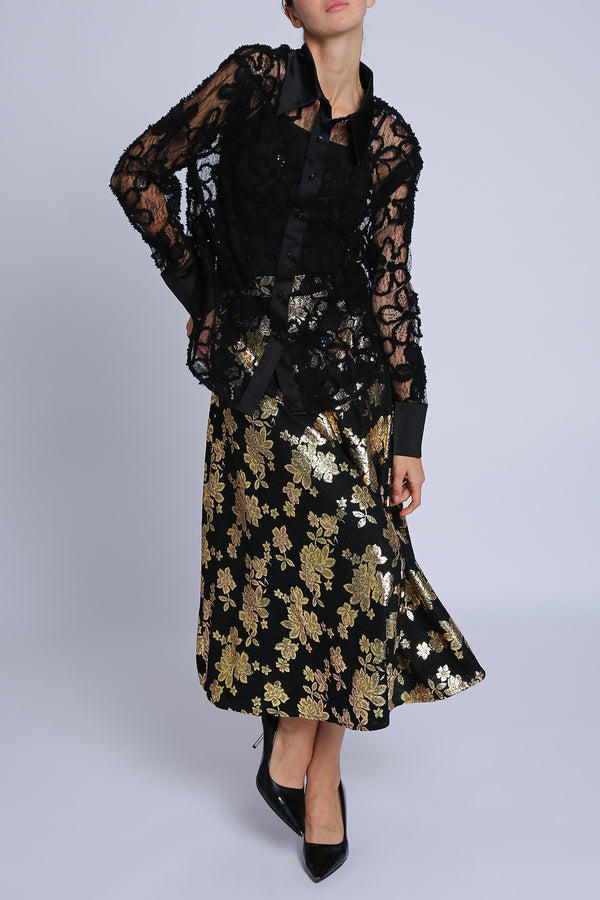 Tomi Metallic Foil Coated Floral Print A-line Maxi Skirt - Shop Beulah Style