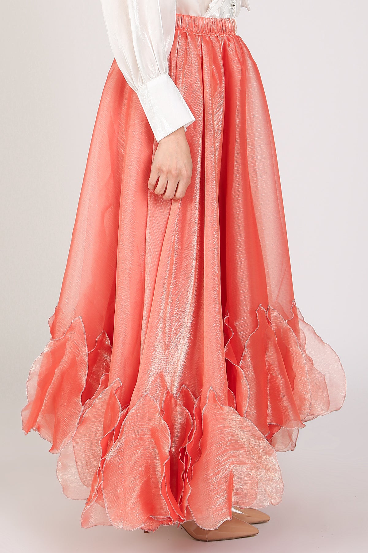 Kalisa Glossy Ruffles Tulle Detail High-Waisted Maxi Skirt - Shop Beulah Style