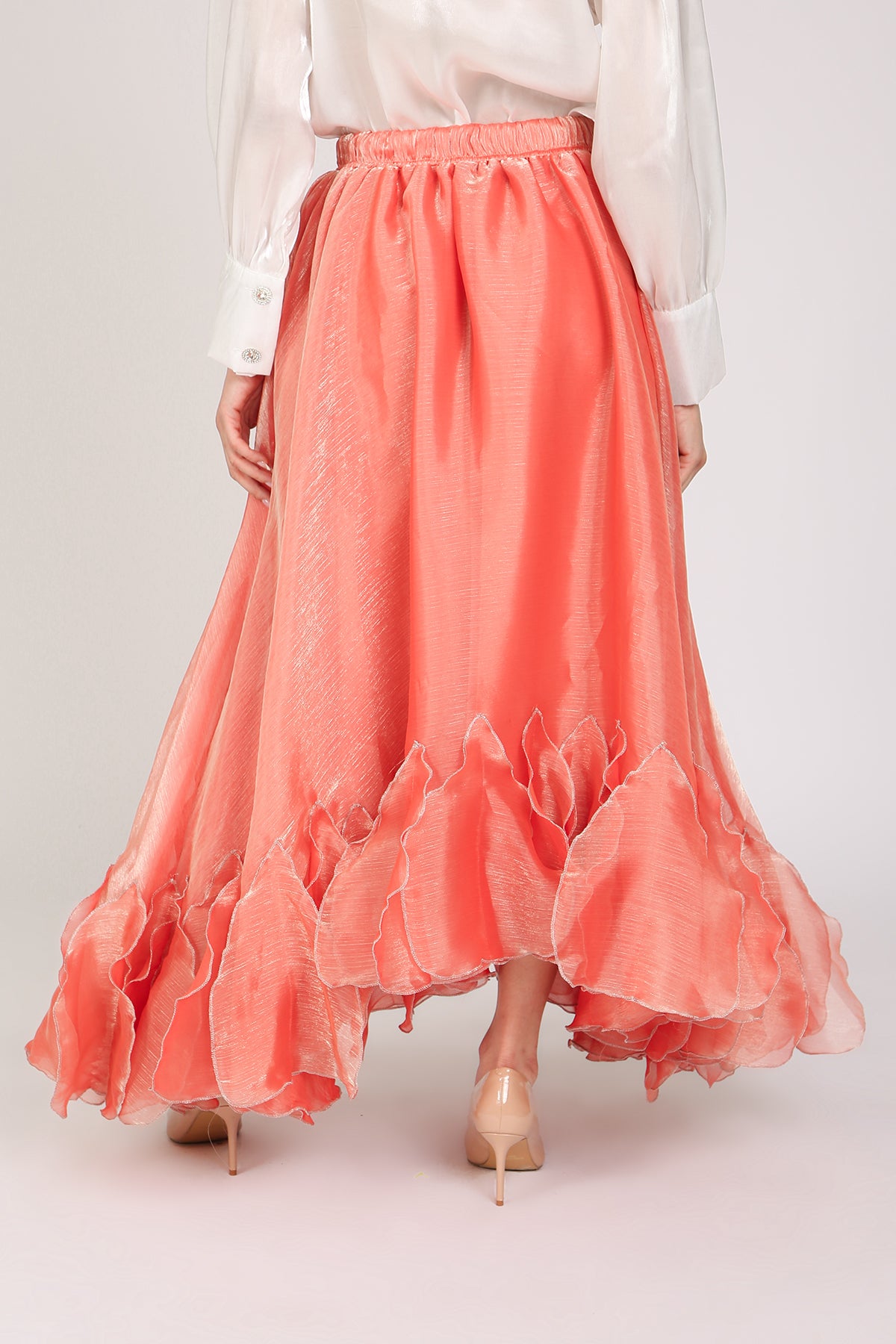 Kalisa Glossy Ruffles Tulle Detail High-Waisted Maxi Skirt - Shop Beulah Style